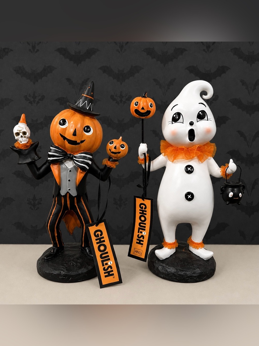 Ghoulish Carnival Pumpkin Jester & Clown Ghost Vintage-Style Halloween Set of 2